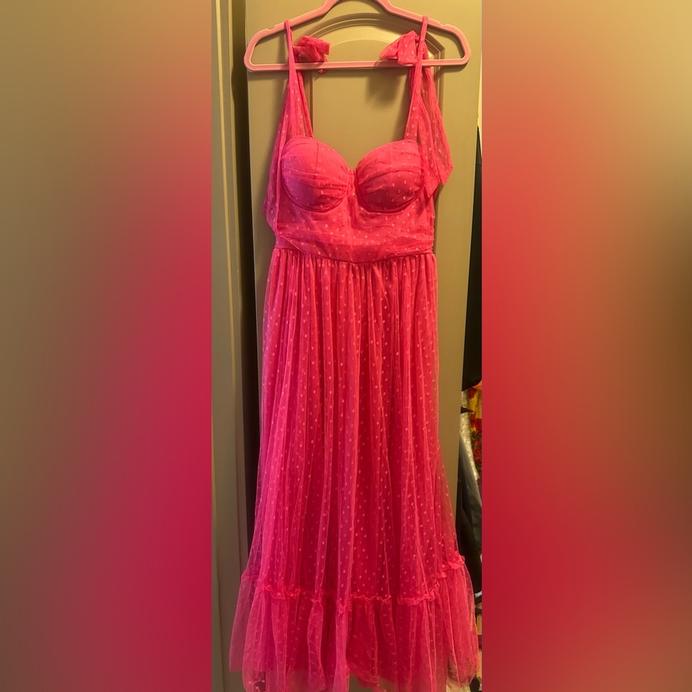 Pink Frills Brunch Maxi Dress with adorable bow detail and semi-padded cups